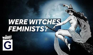 A black and white illustration of a witch riding a broomstick against a dark, full moon backdrop