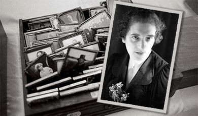 Black and white photograph of Margarethe Wiener, backgroun box of other old photos