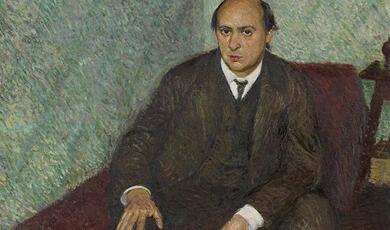 Painting of Schoenberg  seated in brown suit