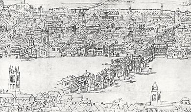 Tudor drawing from the South Bank of the Thames, of London cityscape, including London Bridge