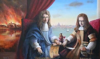 Modern portrait of Christopher Wren and James Hooke with Thames and Fire of London in the background