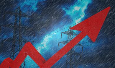 Red upward arrow over stormy sky and power lines.