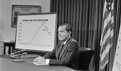 Richard Nixon delivering television address from Oval Office