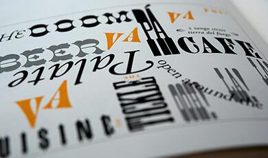 printed page of words in different fonts