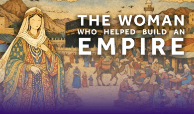 An illustrated YouTube thumbnail with text that reads, "THE WOMAN WHO HELPED BUILD AN EMPIRE." On the left stands a historical woman in traditional, ornate Middle Eastern royal garments, wearing a white head covering, a gold crown, and holding a prayer rope. The background depicts a bustling, vintage-style illustration of an ancient marketplace near the Kaaba in Mecca, featuring merchants, camels, and a minaret under a golden sky