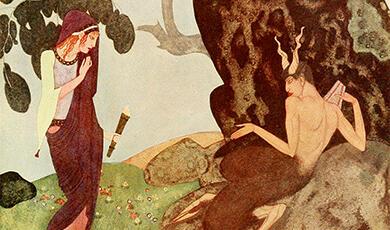 An illustration depicting a robed woman with red hair and a torch standing before a satyr-like creature with horns and hooves, who is seated and holding a folded paper