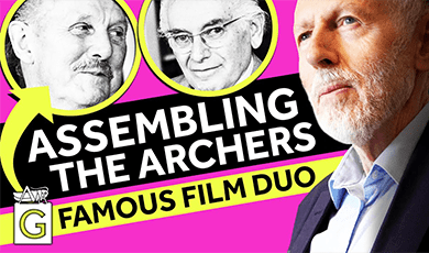 Powell & Pressburger in circles, with Ian Christie looking on, with text 'Assembling the Archers, Famous Film Duo'