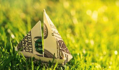 dollar bill folder into a ship shape, on grass