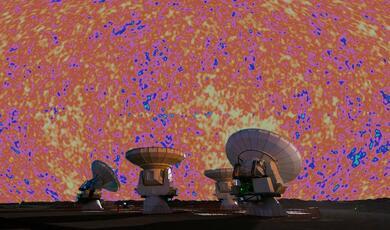 a group of ground satellites with an image of the cosmic microwave background superimposed