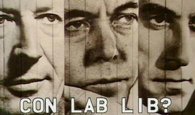 Image of Edward Heath, Harold Wilson and Jeremy Thorpe with text CON LAB LIB?