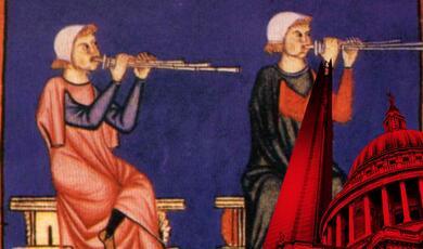 Miniature from one of the Cantigas manuscripts, triple bore reed instrument players