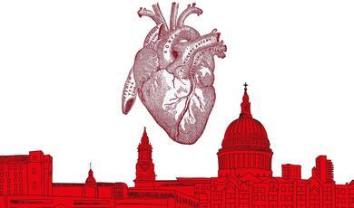 black and white drawing of the heart, above the city of london skyline in red