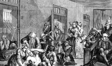 Hogath's painting of Bedlam showing patients in various dress and restraint