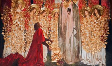 Edwin Austin Abbey painted panel depicting Sir Galahad on his knees surrounded by angels