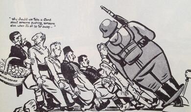 David Low cartoon, 18 February 1938, Increasing Pressure " Why should we take a stand about someone pushing someone else when it's all so far away ...."