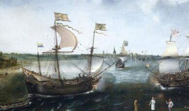 A painting of a Dutch merchantman attacked by an English Privateer, off La Rochelle