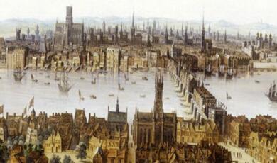 London from Southwark, painting from the 17th century