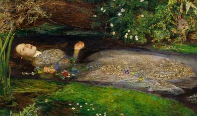 Painting of Ophelia, by John Millais, floating in a river just before she drowns