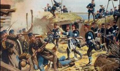 Painting of Prussian soldiers in battle, close comabt