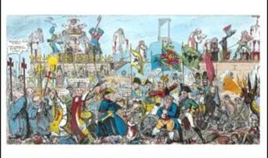 Satirical sketch showing the reestablishment of French monarchy and social order after Napoleon's defeat