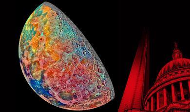 Multi-coloured image of the moon created from photographs by the Galileo space probe