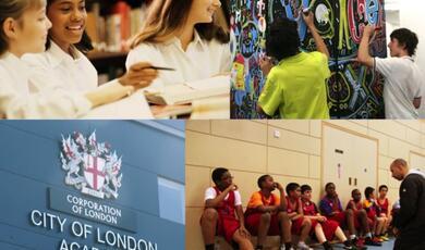 composite image of smiling students, students working on an artwork, some pe students in a gym, and a city of london academy sign