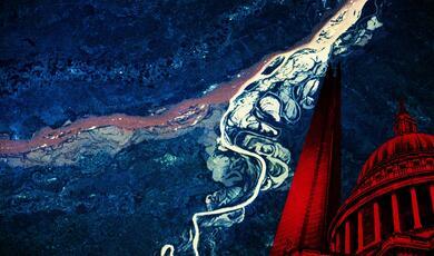 a colourised satellite image of a river with an image of st paul's cathedral in red
