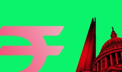a currency symbol of the Indian Rupee in pink on a lime green background