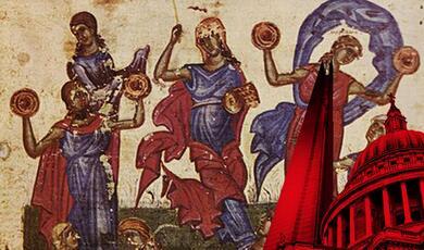 Miriam's dance, illustration from the Bulgarian Tomić Psalter to Deuteronomy 15:20